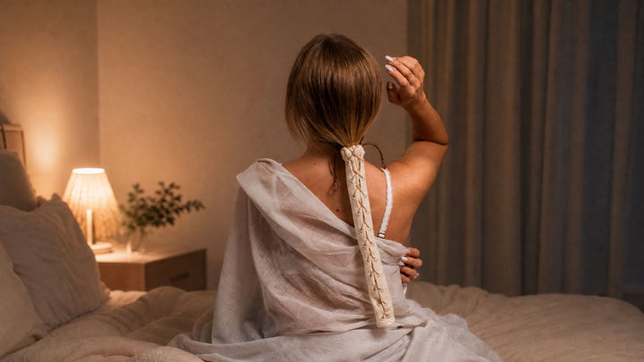 Frau von hinten auf der Bettkante, der cremefarbene HairHOMIE liegt über ihrem Zopf